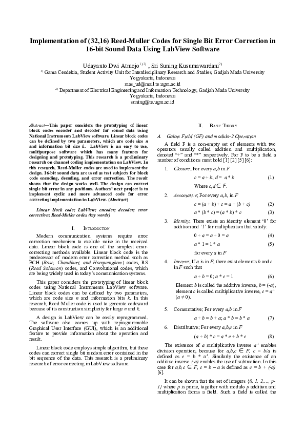 (DOC) Implementation of (32,16) Reed-Muller Codes for Single Bit Error ...