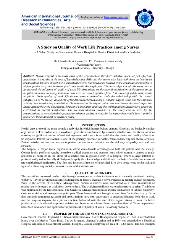 (PDF) A Study on Quality of Work Life Practices among Nurses