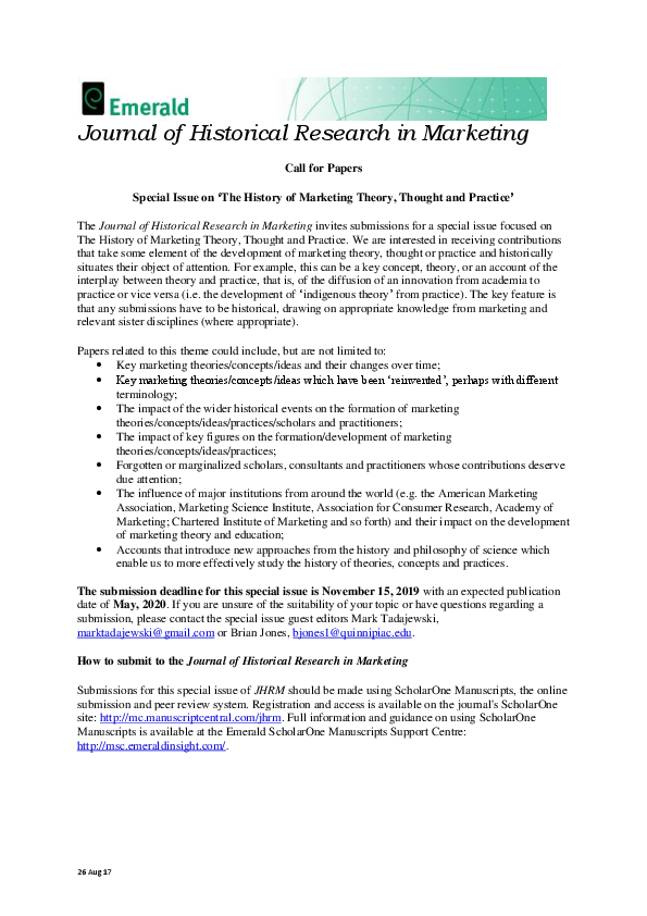 (DOC) Call for Papers Special Issue on 'The History of Marketing Theory ...