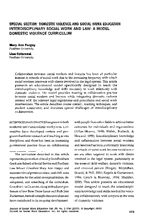 (PDF) SPECIAL SECTION: DOMESTIC VIOLENCE AND SOCIAL WORK EDUCATION ...