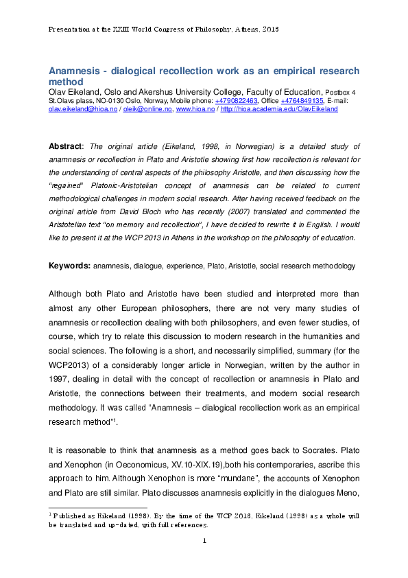 (PDF) Anamnesis - dialogical recollection work as an empirical research ...