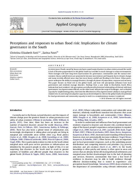 (PDF) Perceptions and responses to urban flood risk: Implications for ...