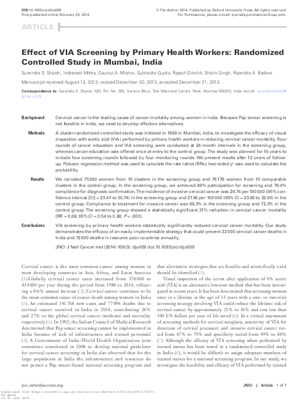 (PDF) Effect of VIA Screening by Primary Health Workers: Randomized ...