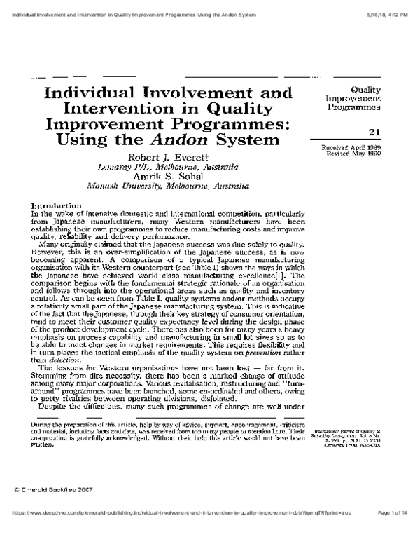 (PDF) Individual Involvement and Intervention in Quality Improvement Programmes Using the Andon