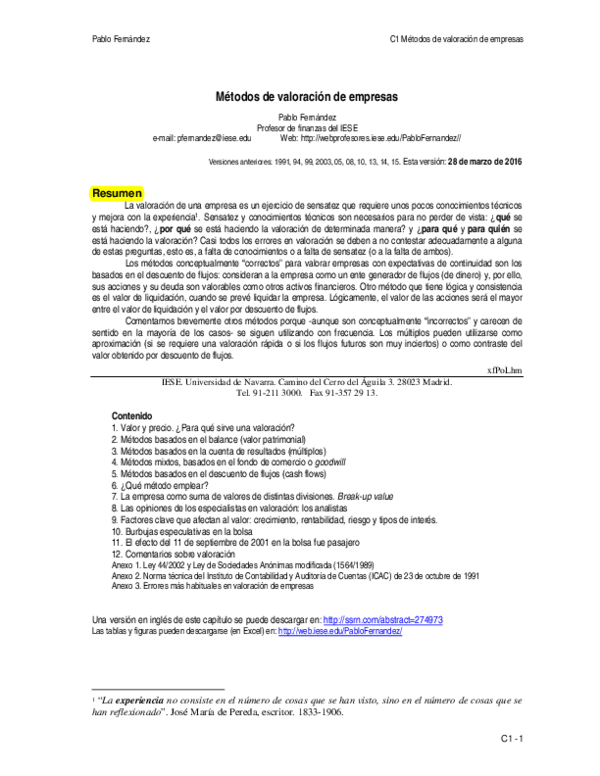 PDF) Métodos de valoración de empresas