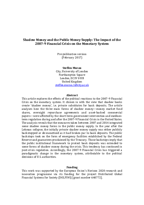 (PDF) Shadow Money and the Public Money Supply: The Impact of the 2007 ...