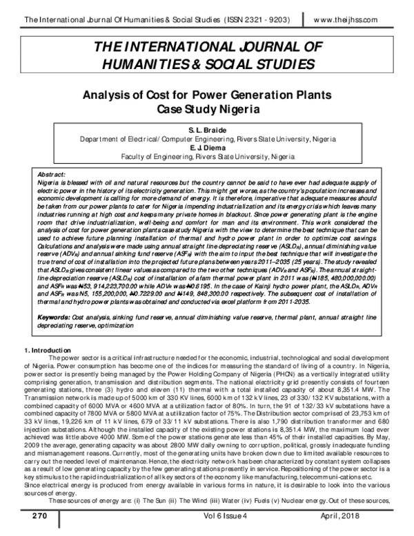 (PDF) Analysis of Cost for Power Generation Plants Case Study Nigeria