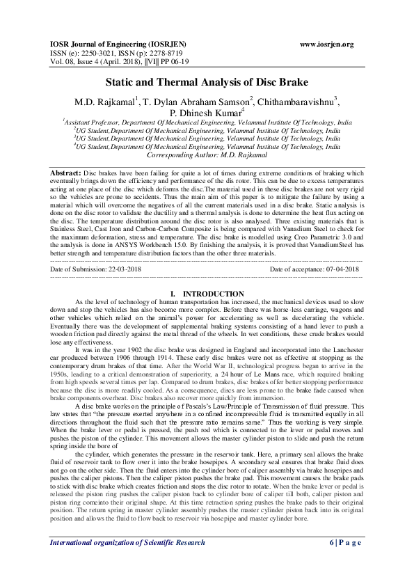 (PDF) Static and Thermal Analysis of Disc Brake IOSR Journals publish