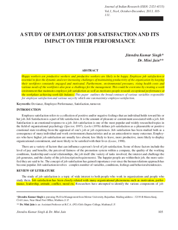 (PDF) A STUDY OF EMPLOYEES' JOB SATISFACTION AND ITS IMPACT ON THEIR ...
