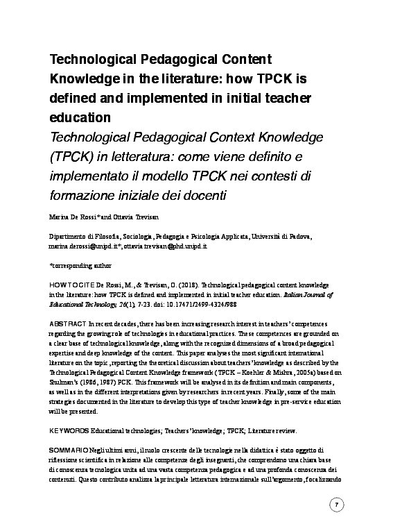 (PDF) Technological Pedagogical Content Knowledge in the literature ...