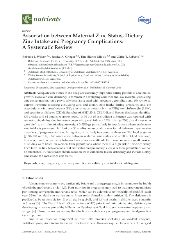 (PDF) Association between Maternal Zinc Status, Dietary Zinc Intake and