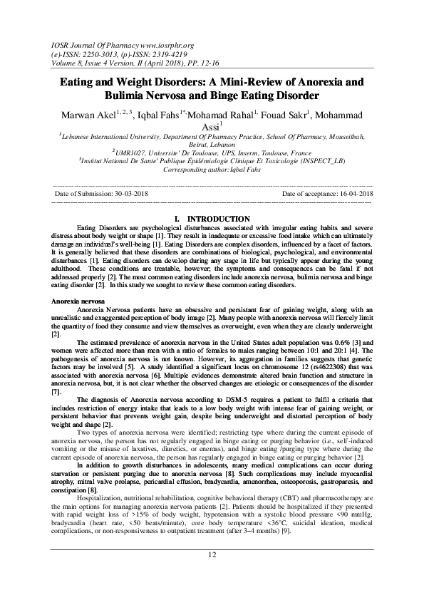 (PDF) Eating and Weight Disorders A MiniReview of Anorexia and