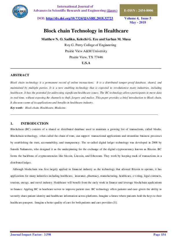 (PDF) BLOCKCHAIN TECHNOLOGY IN HEALHCARE