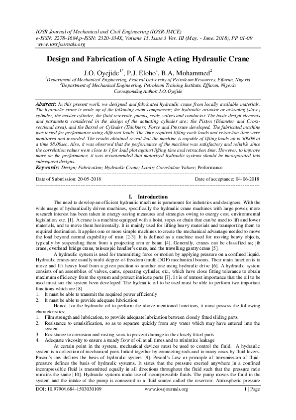 (PDF) Design and Fabrication of A Single Acting Hydraulic Crane IOSR