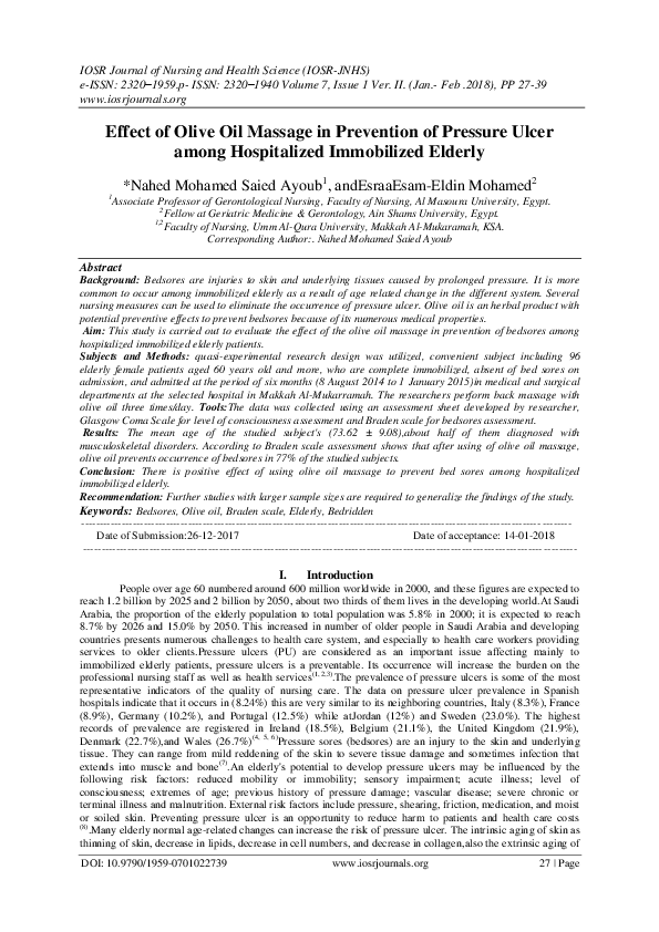 (PDF) Effect of Olive Oil Massage in Prevention of Pressure Ulcer among