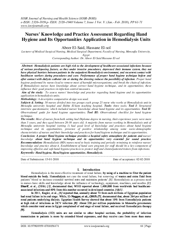 (PDF) Nurses' Knowledge and Practice Assessment Regarding Hand Hygiene