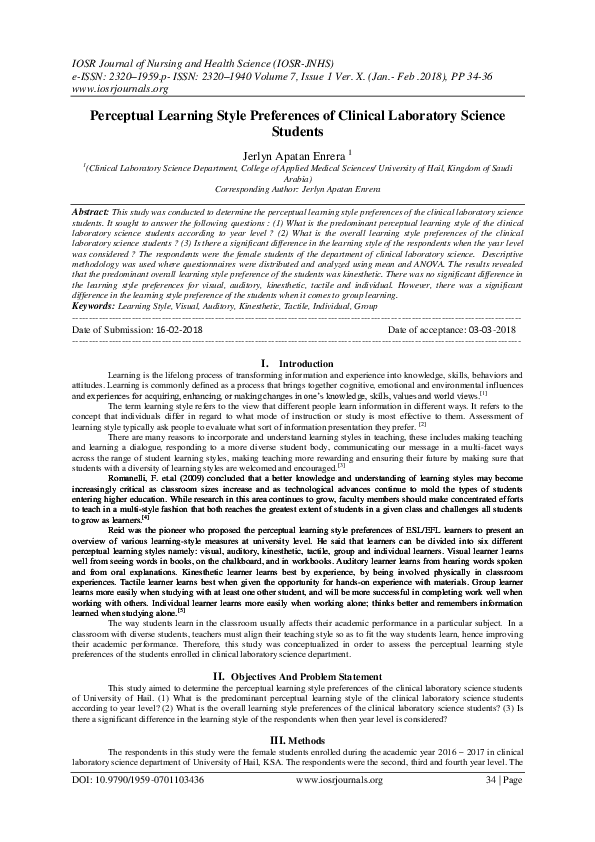(PDF) Perceptual Learning Style Preferences of Clinical Laboratory