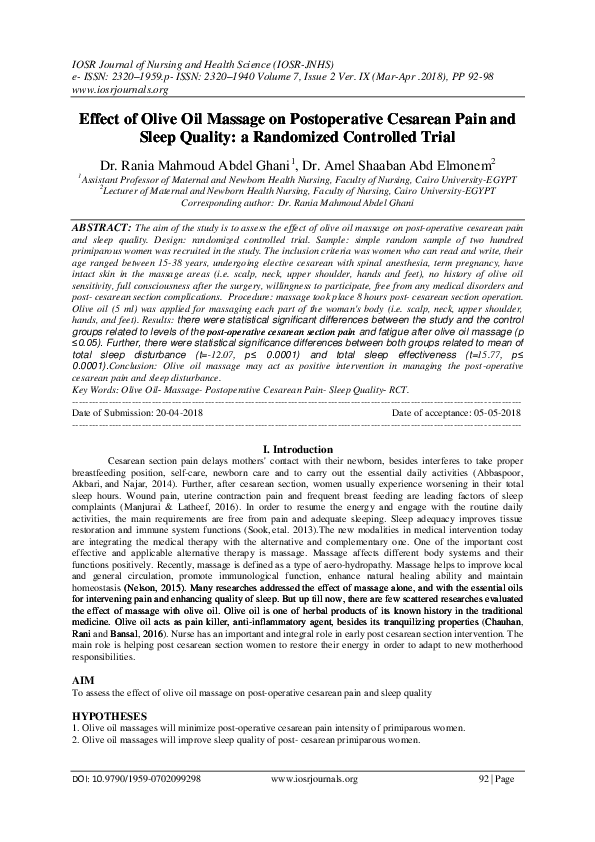 (PDF) Effect of Olive Oil Massage on Postoperative Cesarean Pain and