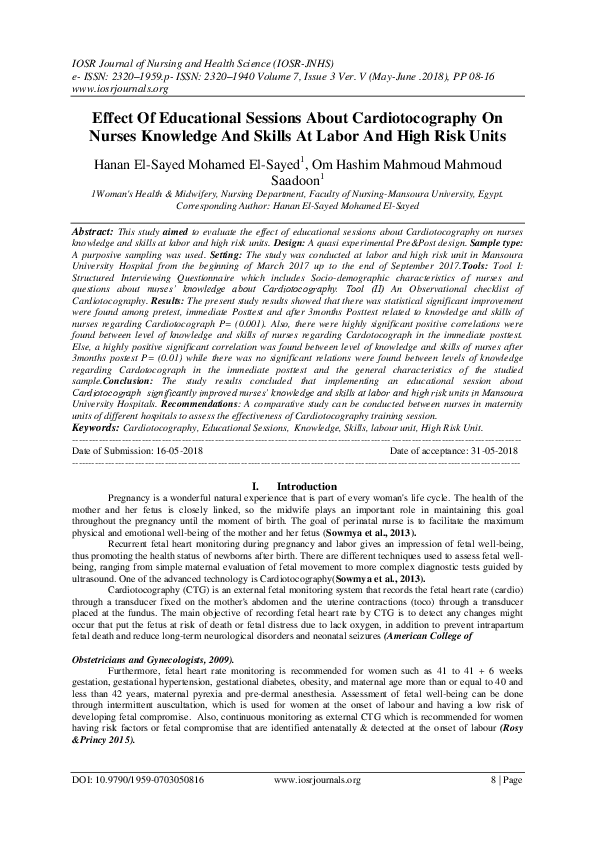 (PDF) Effect Of Educational Sessions About Cardiotocography On Nurses ...