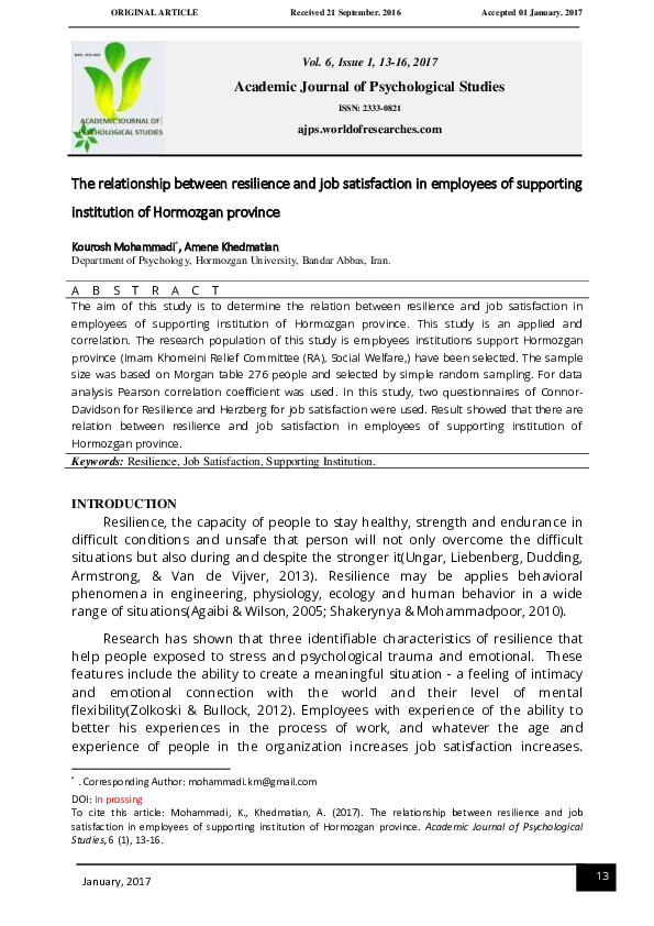 (PDF) The relationship between resilience and job satisfaction in ...