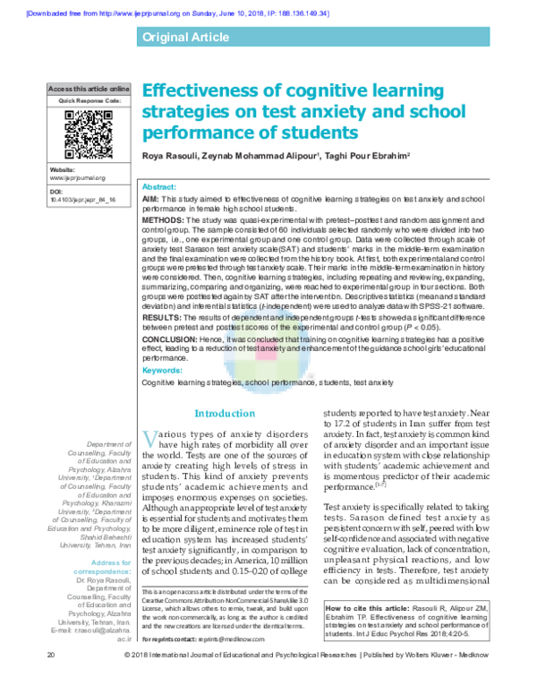 (PDF) Effectiveness of cognitive learning strategies on test anxiety ...