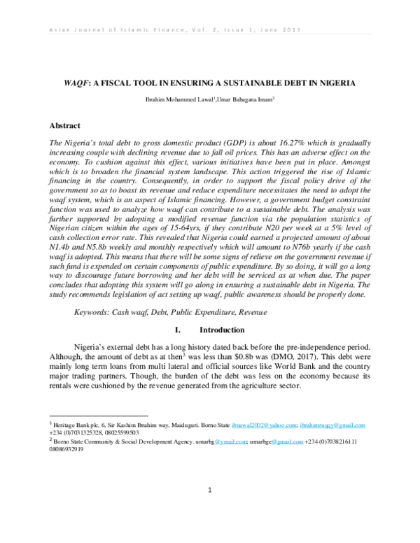 (PDF) WAQF: A FISCAL TOOL IN ENSURING A SUSTAINABLE DEBT IN NIGERIA