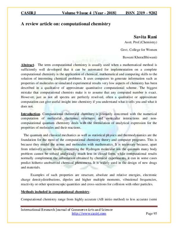 (PDF) A review article on: computational chemistry Savita Rani