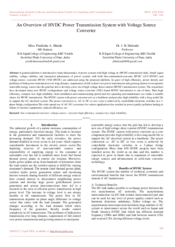 (PDF) An Overview of HVDC Power Transmission System with Voltage Source