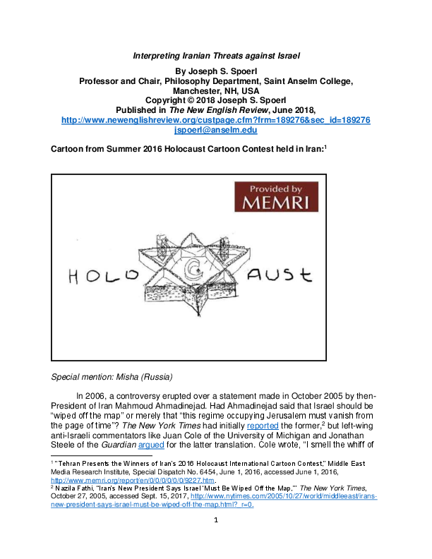 "Interpreting Iranian Threats against Israel," The New English Review, June 2018