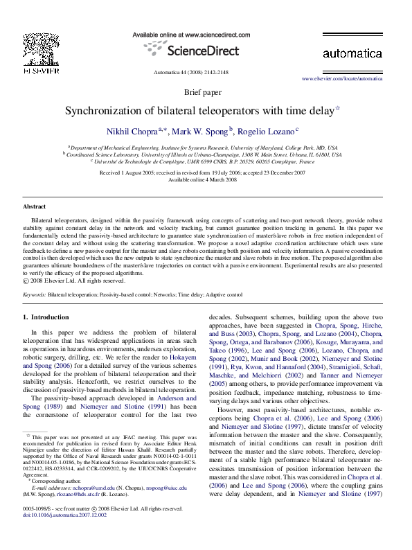 (PDF) Synchronization of bilateral teleoperators with time delay