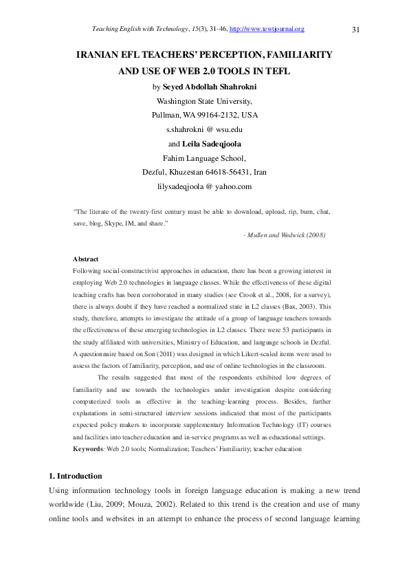 (PDF) Iranian EFL teachers’ perception, familiarity, and use of web 2.0 ...