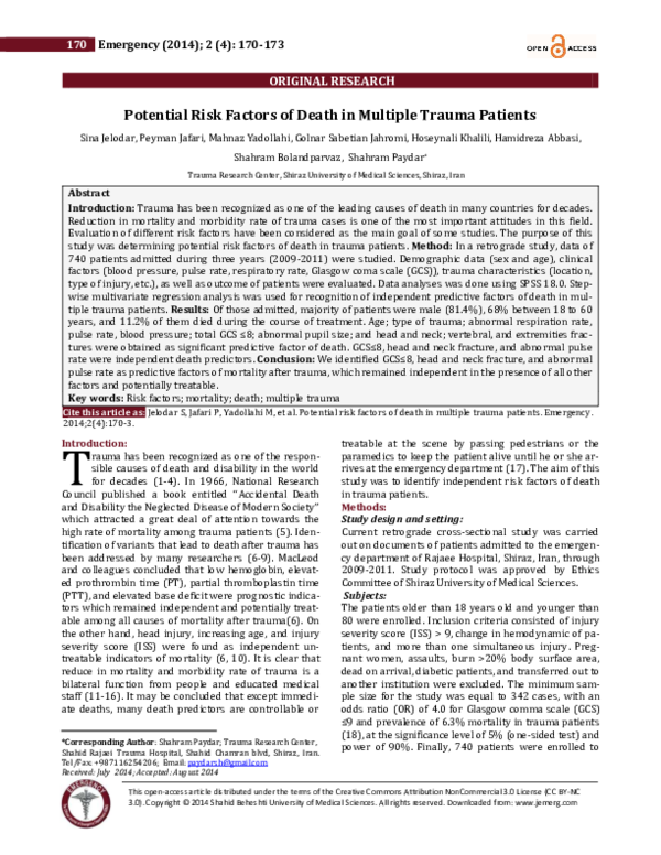 (PDF) Potential Risk Factors of Death in Multiple Trauma Patients