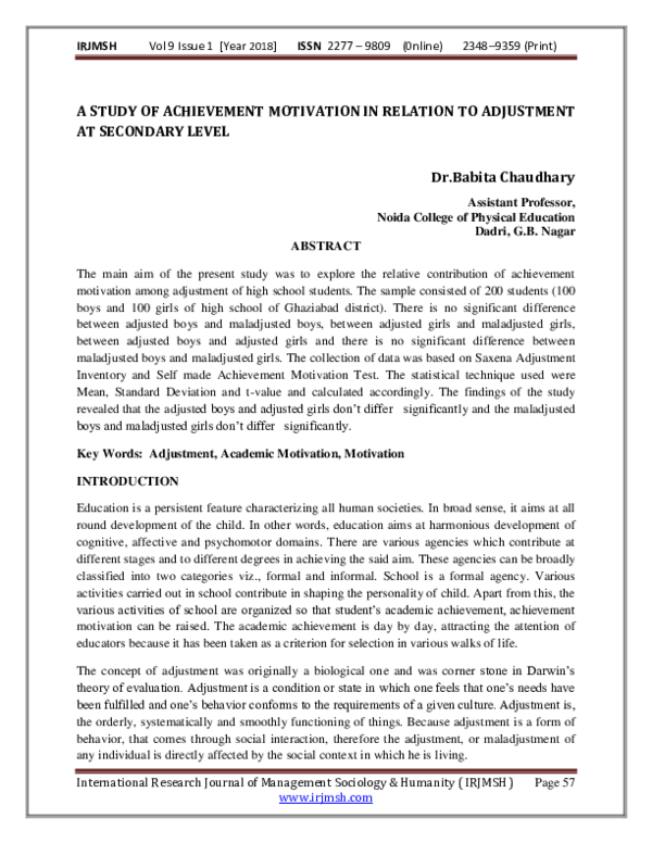 (PDF) A STUDY OF ACHIEVEMENT MOTIVATION IN RELATION TO ADJUSTMENT AT ...