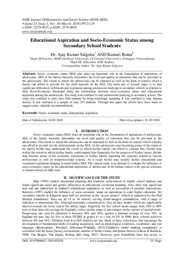 (PDF) Educational Aspiration and SocioEconomic Status among Secondary
