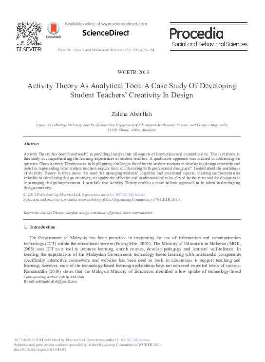 (PDF) ScienceDirect Activity Theory As Analytical Tool: A Case Study Of ...