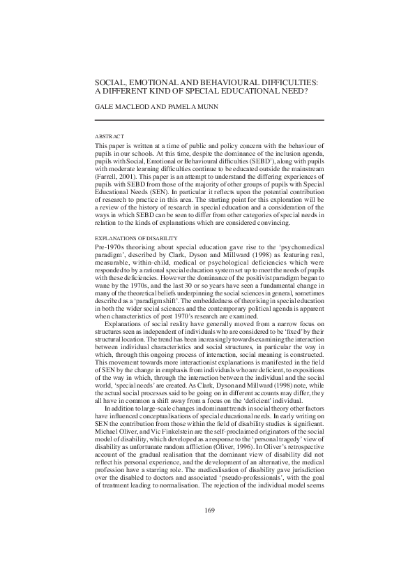 (PDF) Social, emotional and behavioural difficulties a different kind