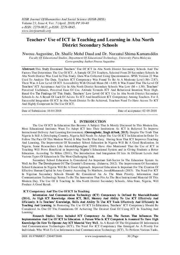 (PDF) Teachers' Use of ICT in Teaching and Learning in Aba North ...