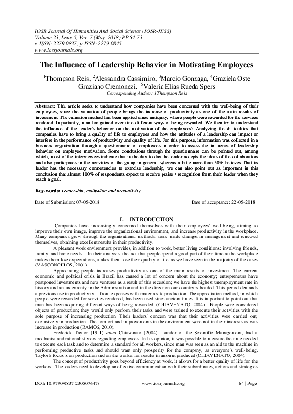 (PDF) The Influence of Leadership Behavior in Motivating Employees