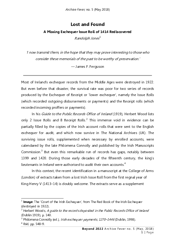 Lost and found. A missing exchequer issue roll of 1414 rediscovered.