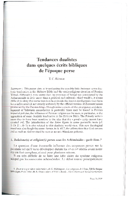 T. Römer, “Tendances dualistes dans quelques écrits bibliques de l'époque perse”, Trans 23, 2002, p.45-58