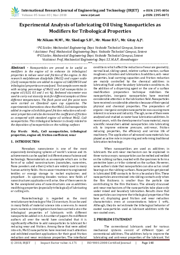 (PDF) Experimental Analysis of Lubricating Oil Using Nanoparticles as