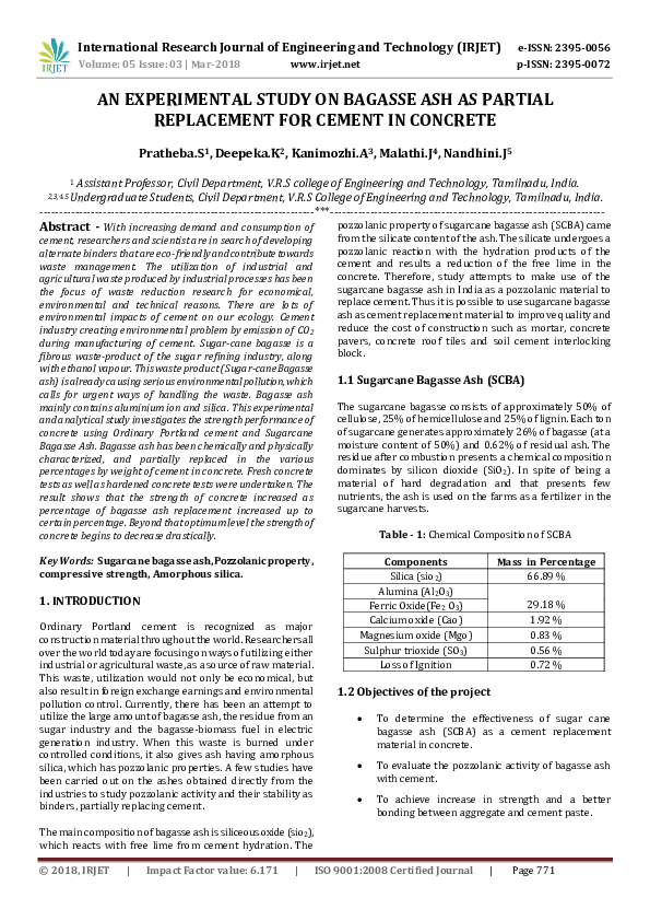 (PDF) AN EXPERIMENTAL STUDY ON BAGASSE ASH AS PARTIAL REPLACEMENT FOR ...