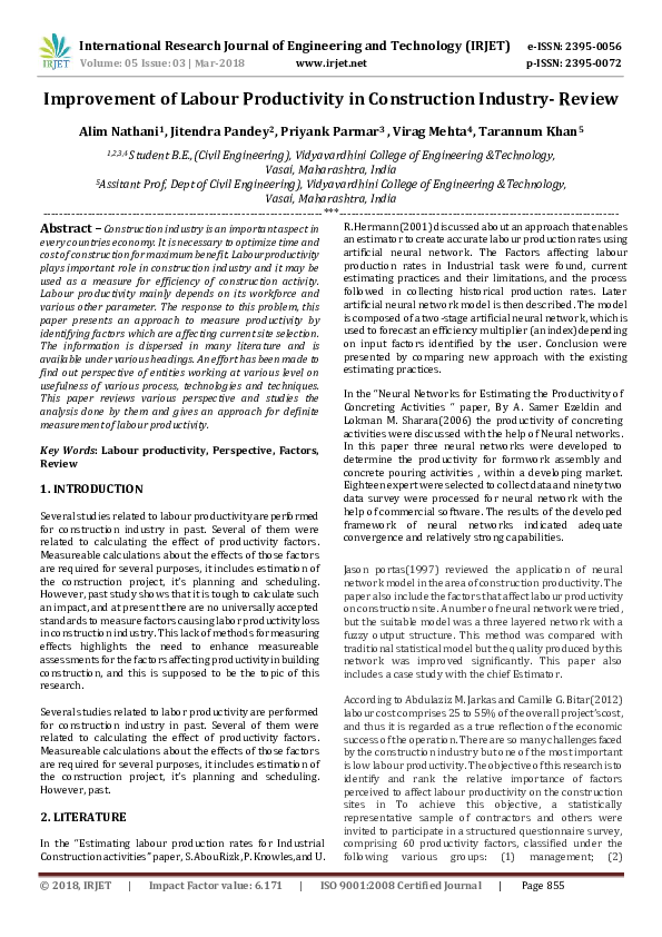 (PDF) Improvement of Labour Productivity in Construction Industry-Review