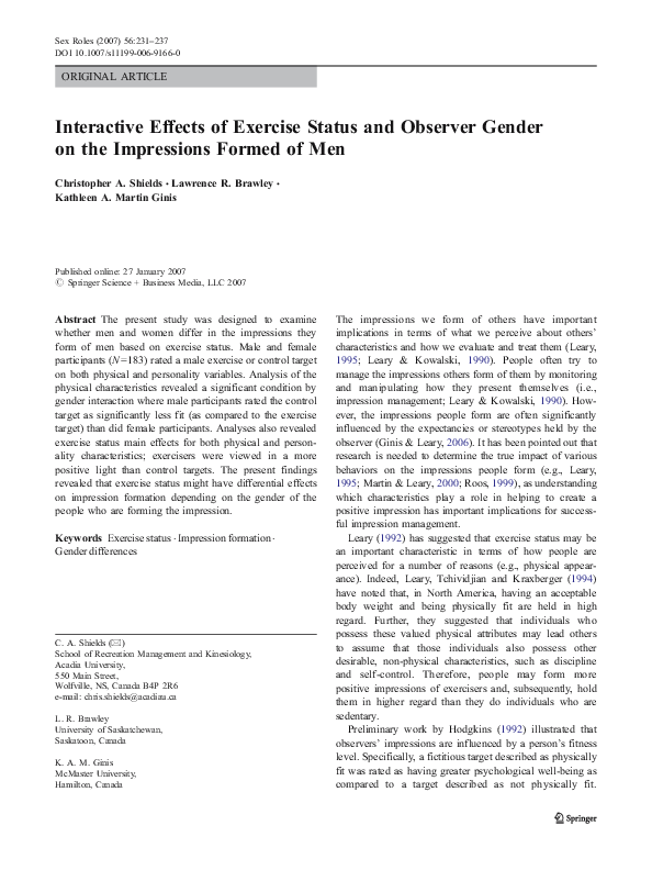 (PDF) Interactive Effects of Exercise Status and Observer Gender on the ...