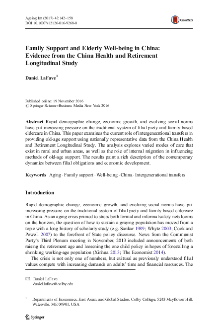 (PDF) Family Support and Elderly Well-being in China: Evidence from the ...