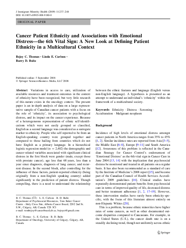 (PDF) Cancer Patient Ethnicity and Associations with Emotional Distress ...