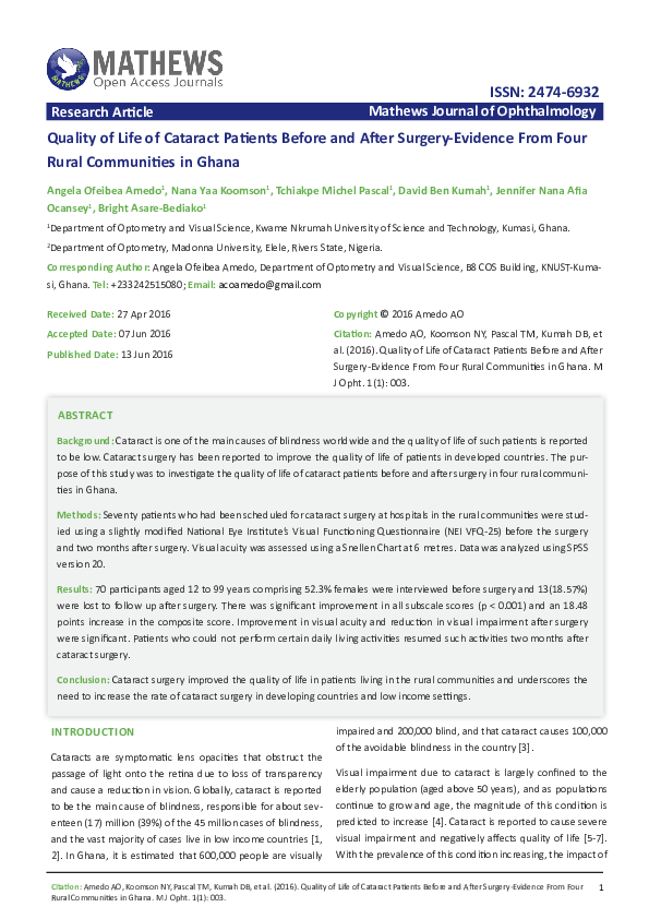 (PDF) Quality of Life of Cataract Patients Before and After Surgery ...