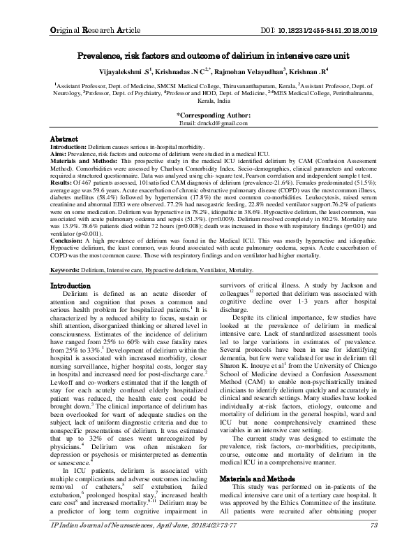 (PDF) Prevalence, risk factors and outcome of delirium in intensive ...
