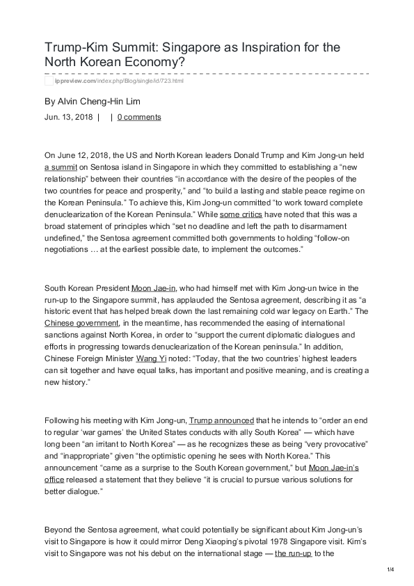 (PDF) Trump-Kim Summit: Singapore as Inspiration for the North Korean ...