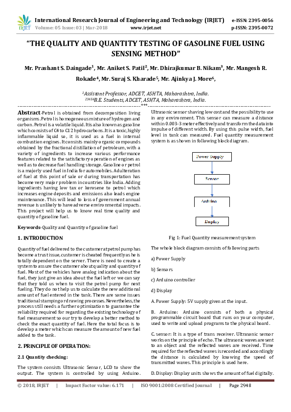 (PDF) " THE QUALITY AND QUANTITY TESTING OF GASOLINE FUEL USING SENSING